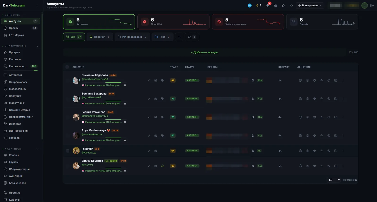 Личный кабинет DarkTelegram — управление Telegram-аккаунтами